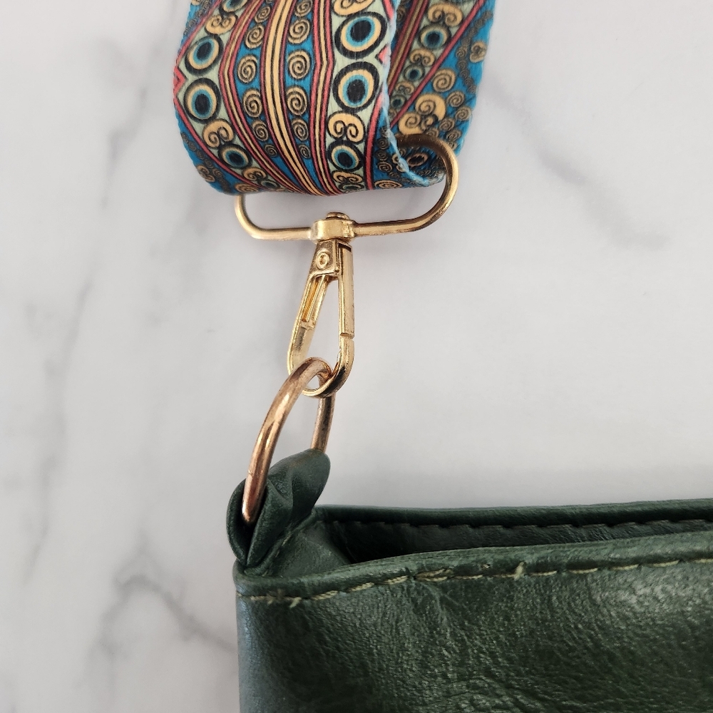 Unisex Army Green Tote Bag with Patterned Boho Strap - Picture 8 of 16
